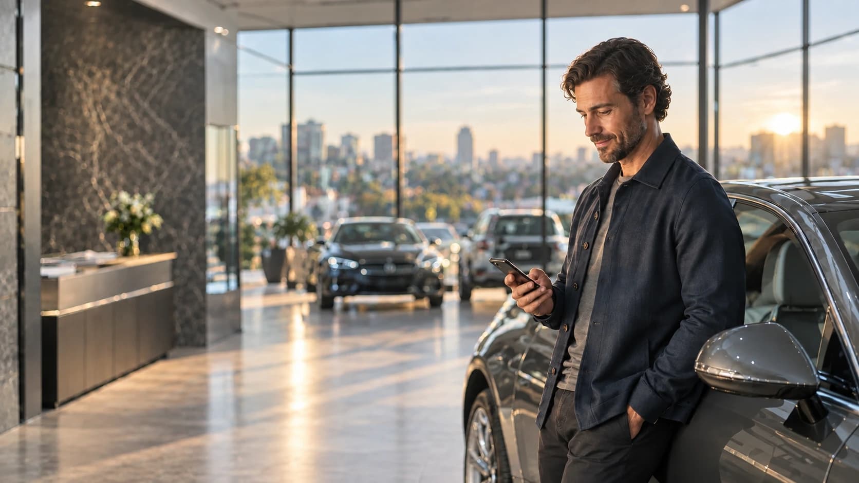A customer reading a message on his phone in a bright showroom