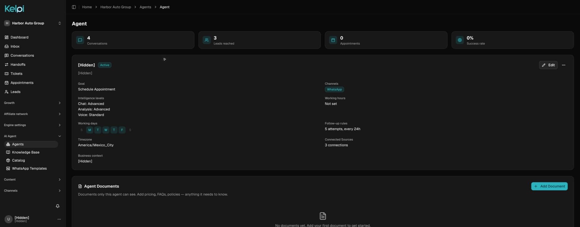 Actual Kelpi agents interface in English, with personal details hidden