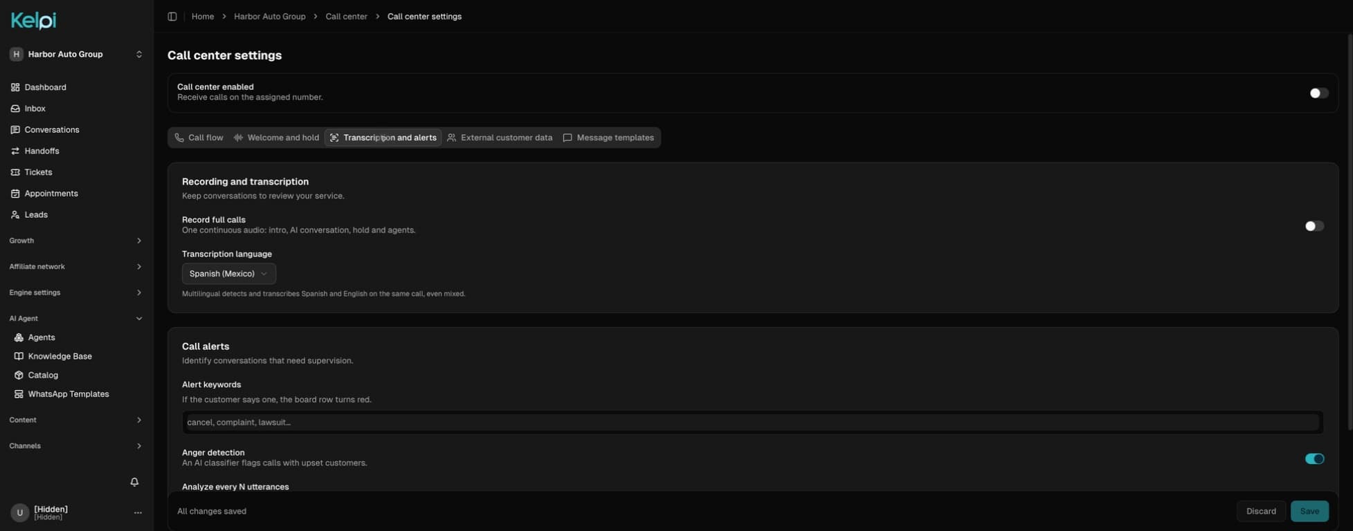 Actual Kelpi transcription and alert settings in English, including configurable alert keywords