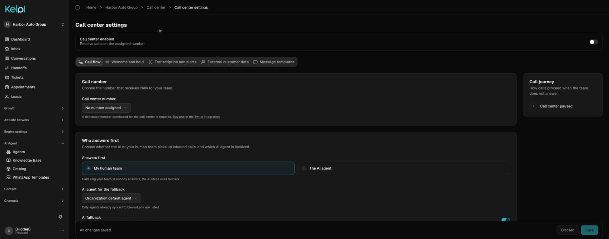 Actual Kelpi call center interface in English, with personal details hidden