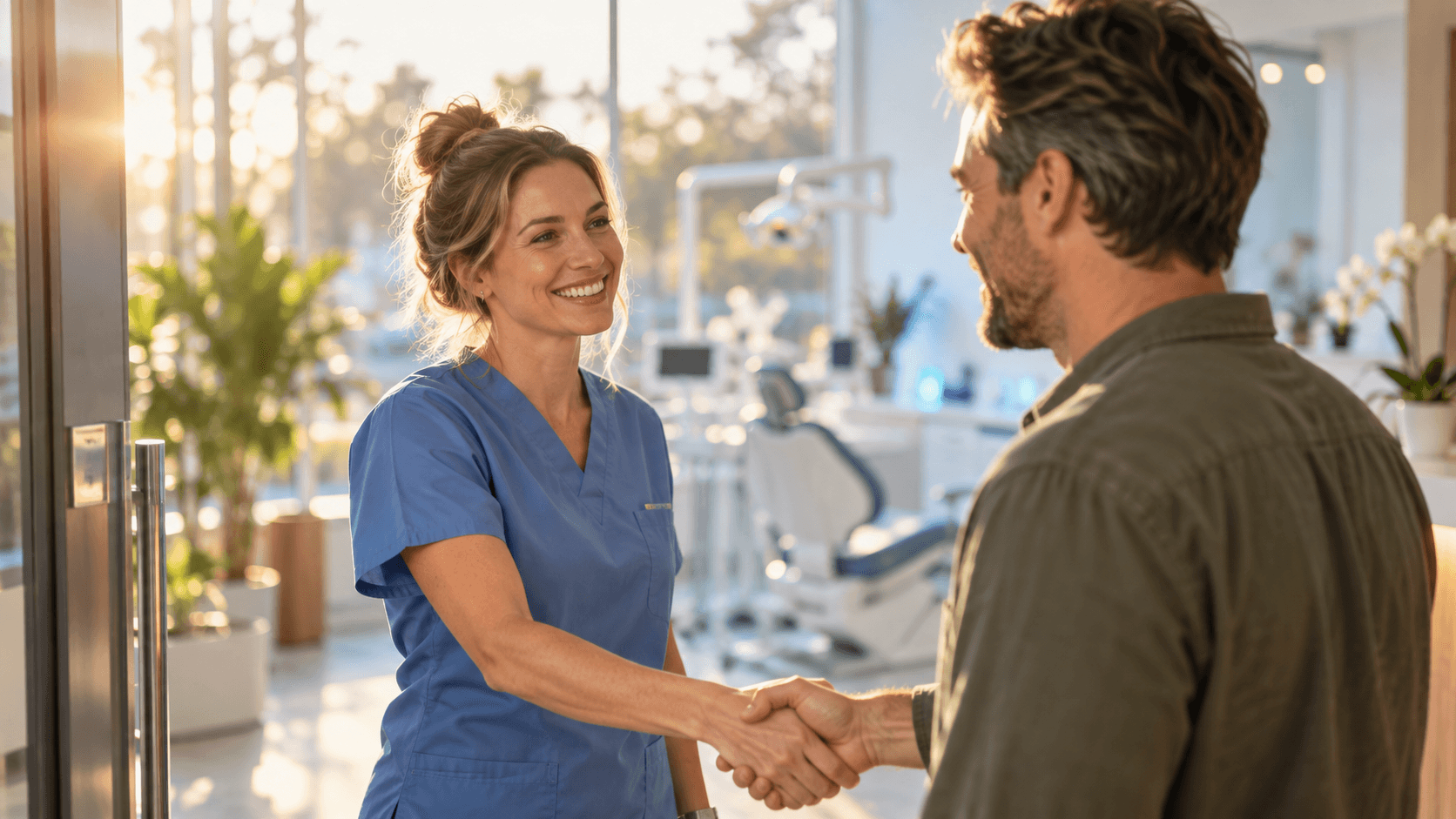 A dentist greeting an adult patient at a sunlit practice