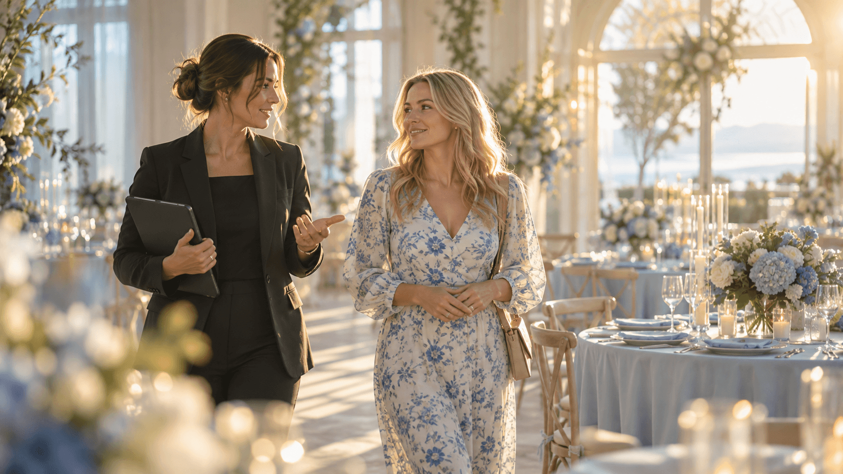 A venue coordinator touring an elegant event hall with a customer