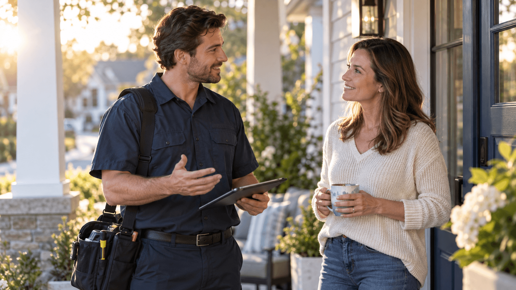 A service technician discussing a scheduled visit with a homeowner