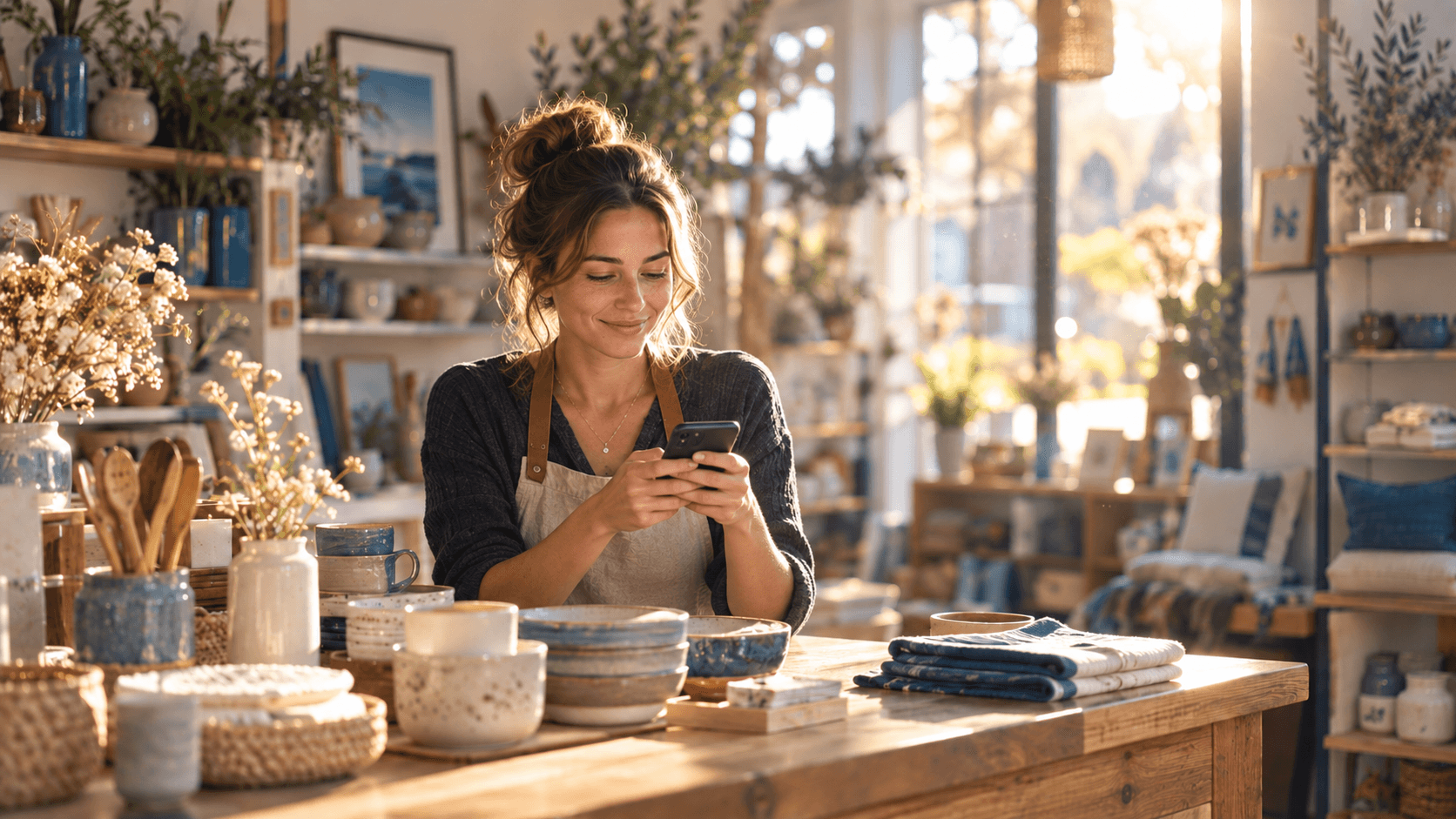 A boutique owner replying to a customer on her phone