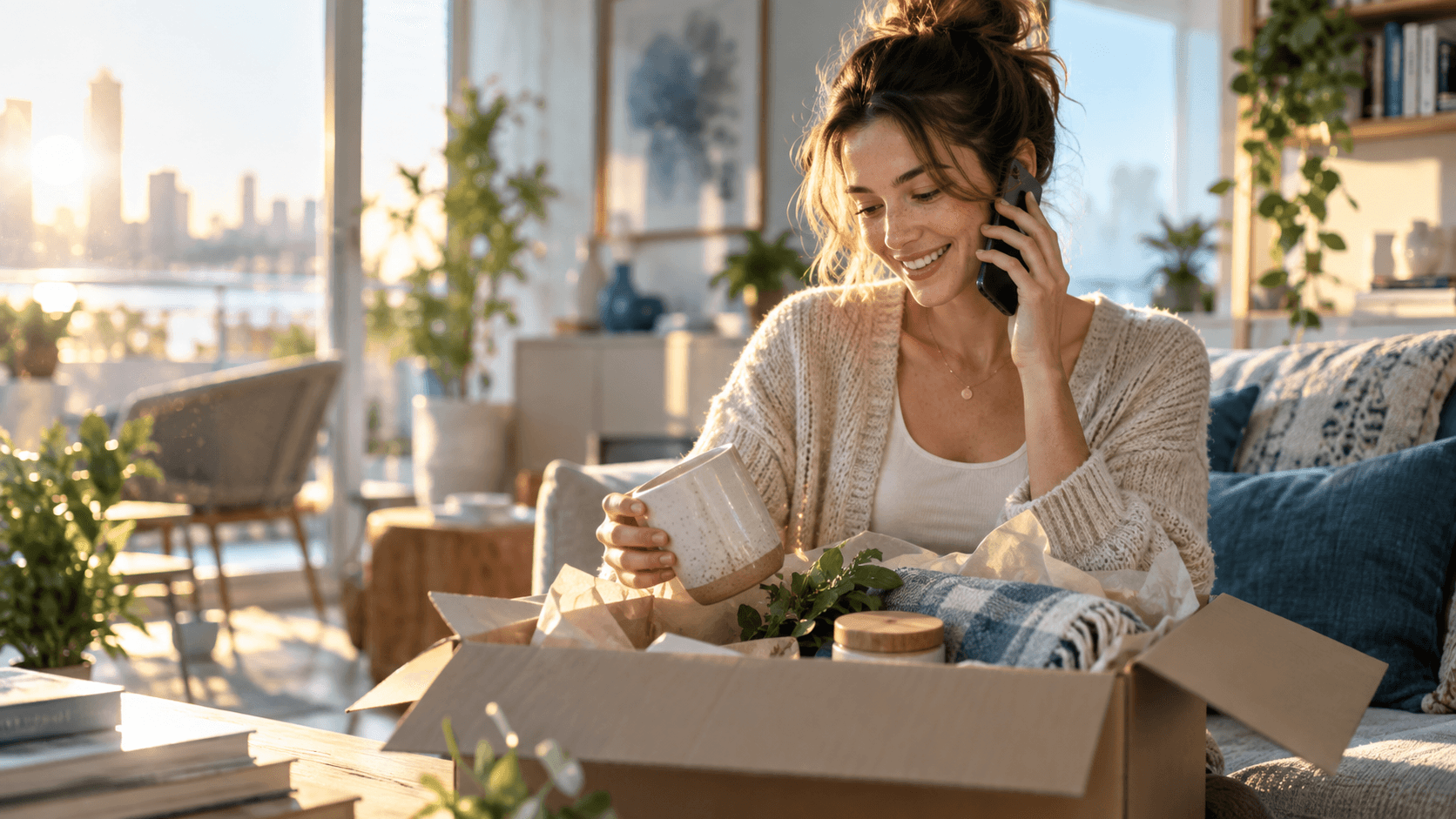 A customer opening a subscription delivery while speaking on the phone