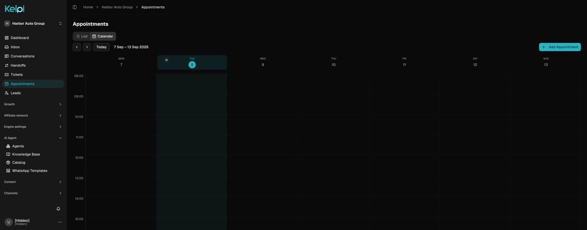Actual Kelpi appointments interface in English, with personal details hidden
