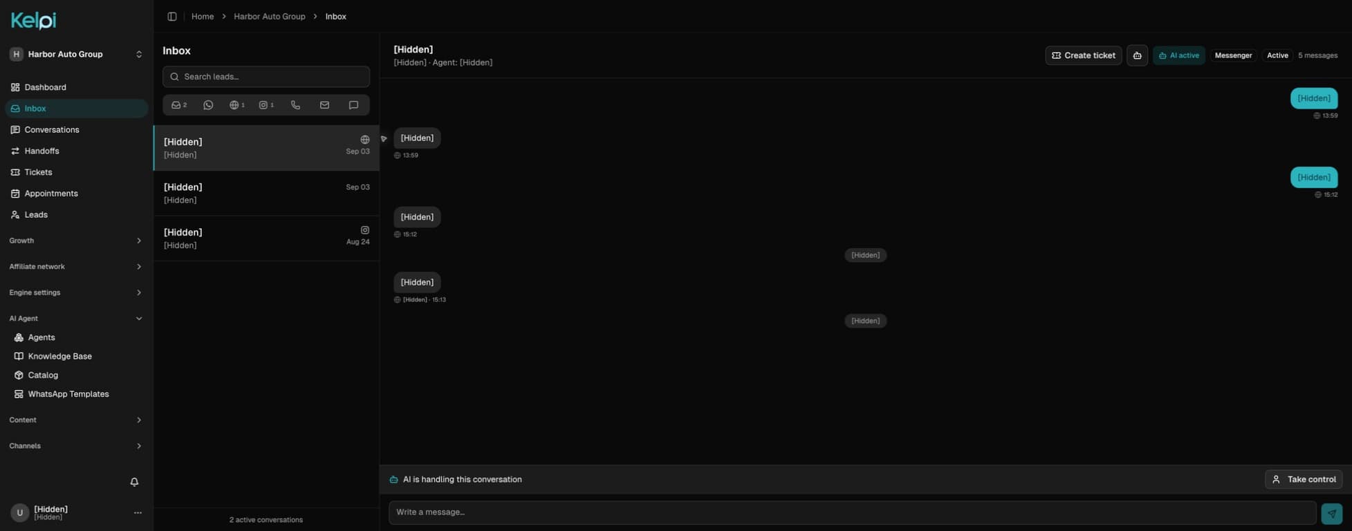 Actual Kelpi inbox interface in English, with personal details hidden